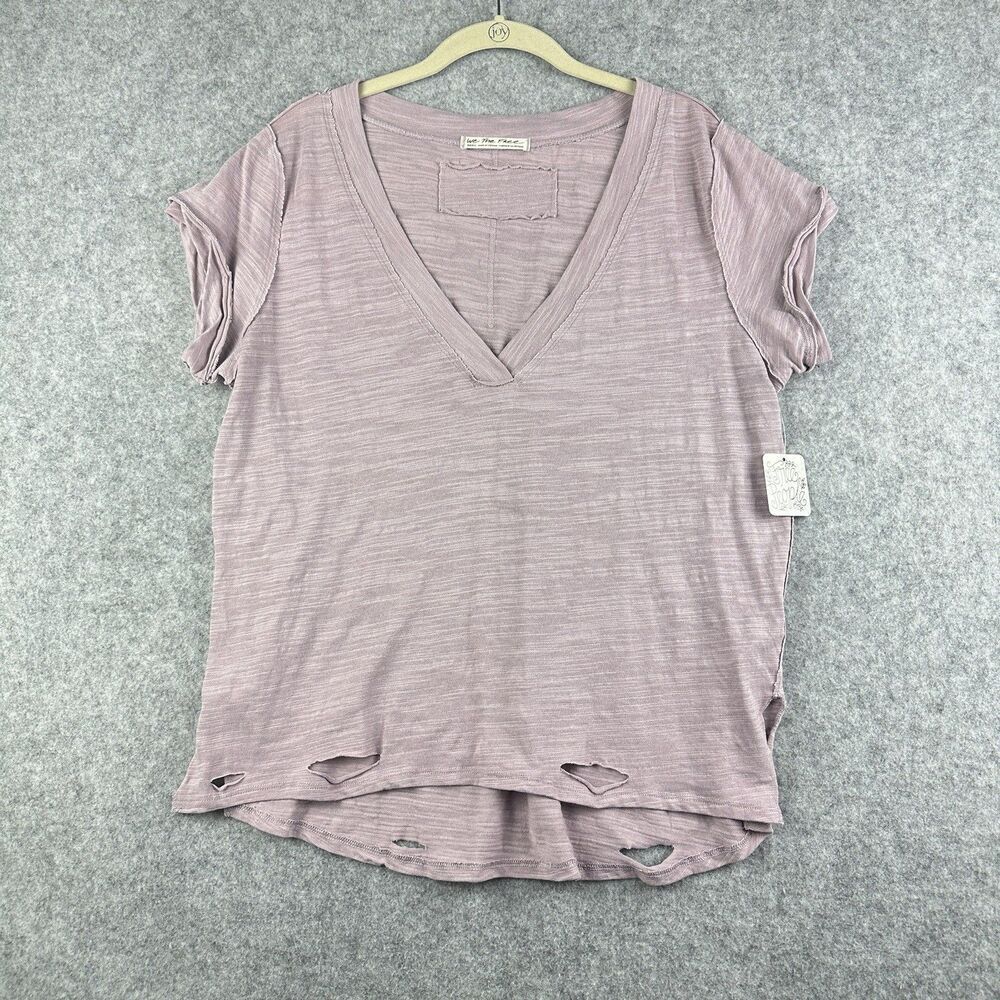 We The Free People Sundance Slub Tee Womens S Lilac Distressed Boho VNeck NEW